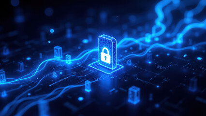 Digital cybersecurity illustration with a shield and lock symbol on a network background.