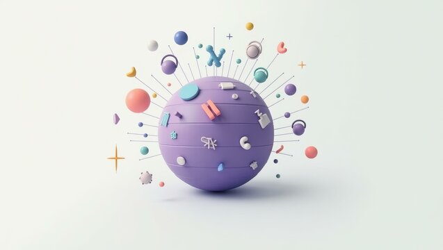 3D purple zodiac sphere with astrological symbols orbiting in pastel space, horoscope concept for astrology websites, mystic background with planets and stars, calm white backdrop spiritual design