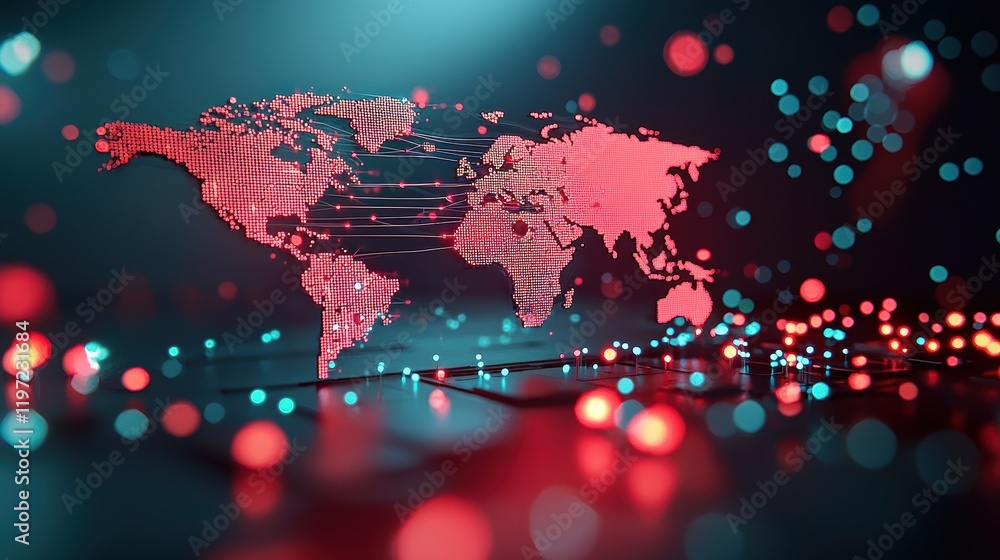 Poster a world map illustrating global ai networks, with interconnected nodes representing ai research cent