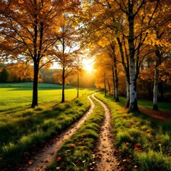 Fototapeta premium Scenic autumn landscape, golden hour sunlight, winding country road