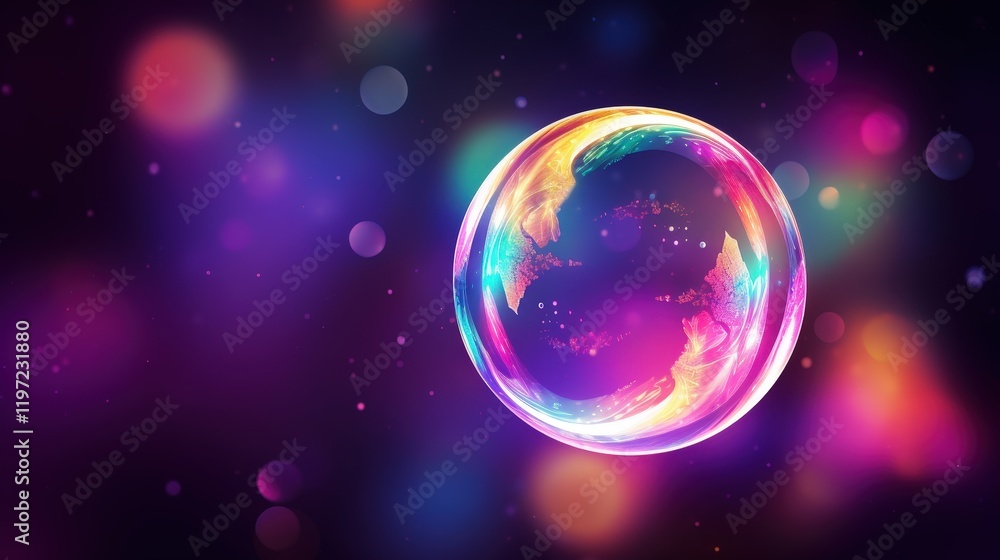 Poster vibrant iridescent soap bubble surrounded by colorful bokeh lights on a dark background capturing ma