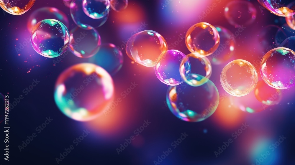 Poster vibrant and iridescent soap bubbles floating in a colorful background with bokeh effect, abstract ar