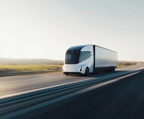 Electric truck traveling along a highway in an expansive landscape during the early morning light