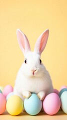 Obraz premium Hovering Easter eggs, fluffy white bunny in the foreground, soft peach background, open yellow space for promotional text.