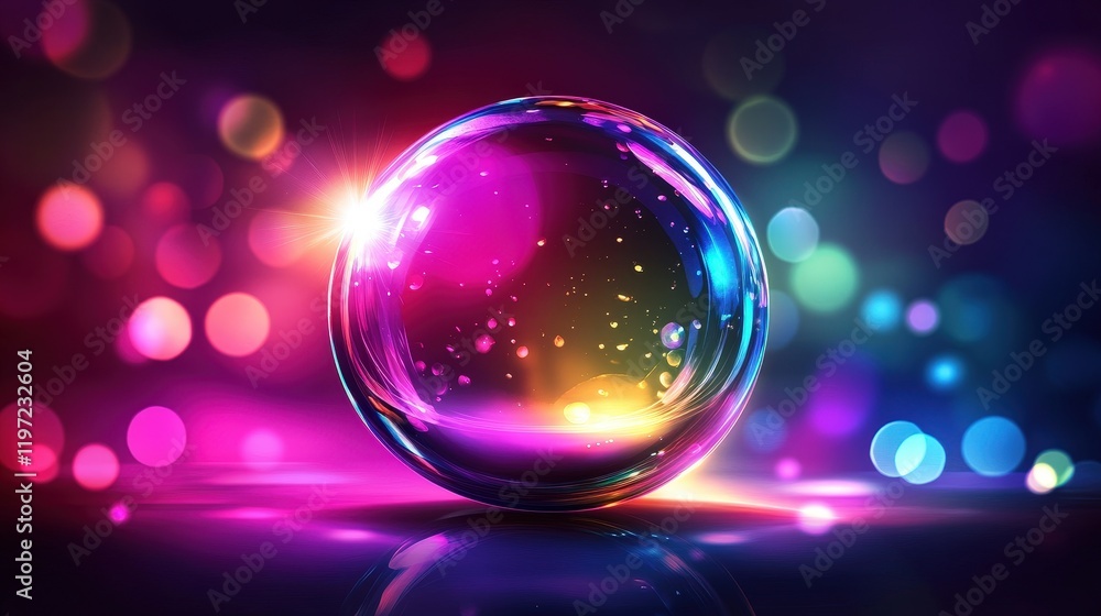 Poster vibrant iridescent soap bubble surrounded by colorful blurred lights and sparkles creating a magical