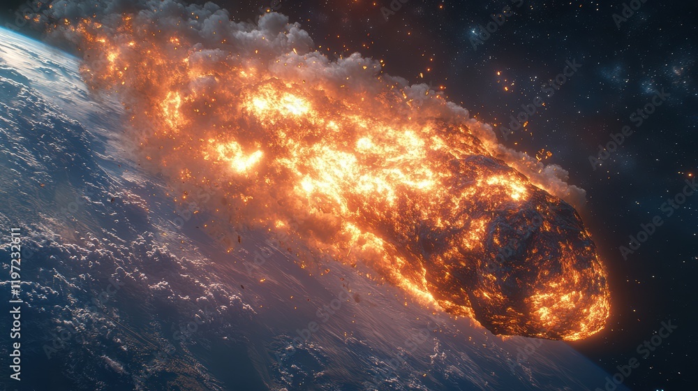 Poster fiery asteroid hurtling towards earth, creating a dramatic scene of impending doom and destruction.