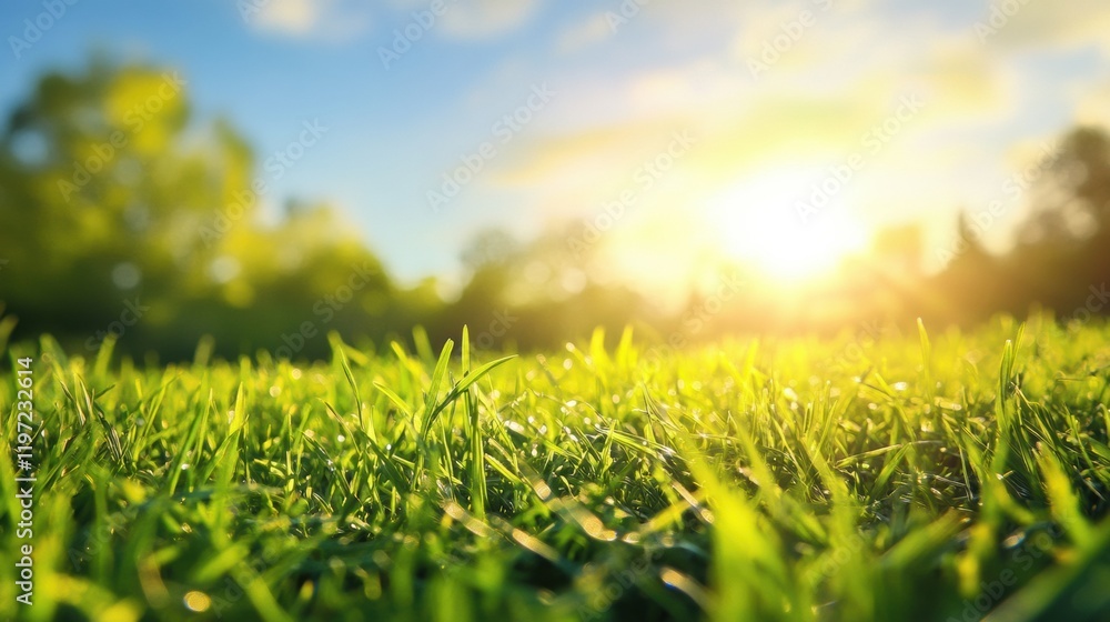 Aufkleber vibrant green grass bathed in warm sunlight at sunrise, creating a serene and peaceful atmosphere fo