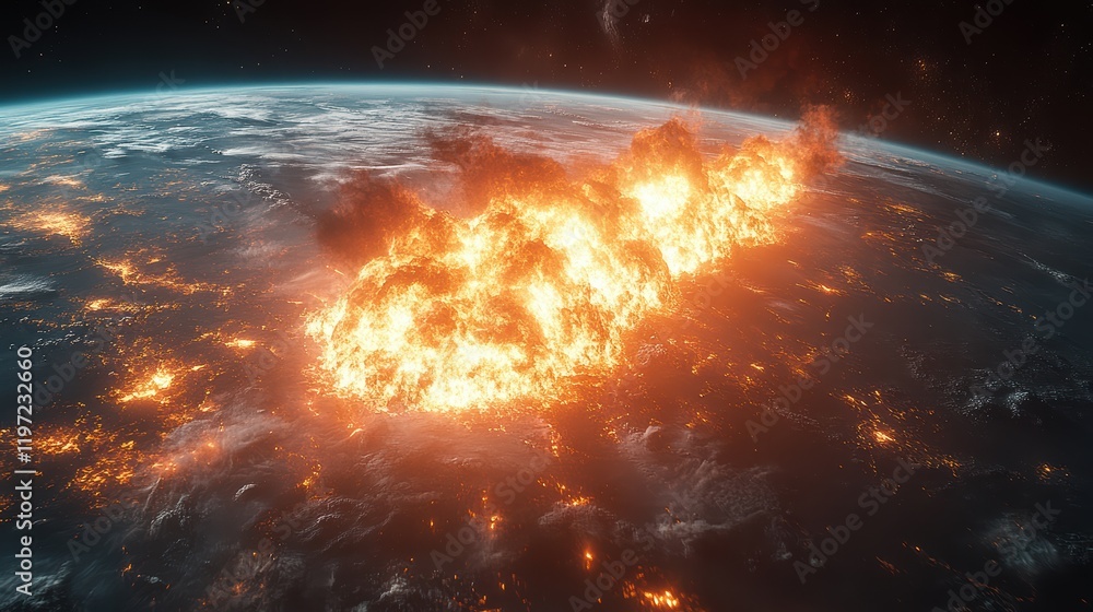 Poster fiery asteroid hurtling towards earth, creating a dramatic scene of impending doom and destruction.
