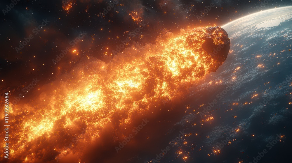 Poster fiery asteroid hurtling towards earth, creating a dramatic scene of impending doom and destruction.