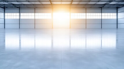A large, empty warehouse with a sun shining through a window