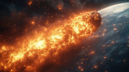 Fototapeta premium Fiery asteroid hurtling towards Earth, creating a dramatic scene of impending doom and destruction.