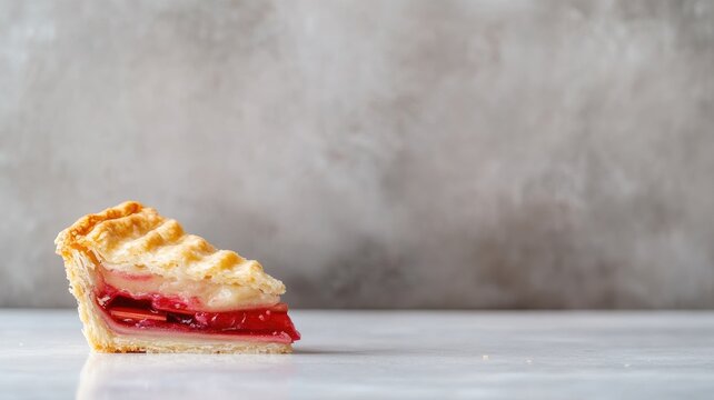 Slice of cherry pie with flaky crust on marble surface