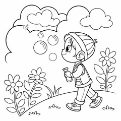child playing with flowers, coloring page for children, outline, education, line, outline, art, sketch