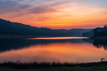 Obraz premium Vibrant sunrise casts warm colors over mountain lake reflecting serene landscape