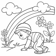 child playing with flowers, coloring page for children, outline, education, line, outline, art, sketch