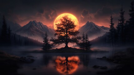 Solitary Tree Standing Majestically in the Center of a Tranquil Lake Surrounded by Lush Greenery Under a Clear Blue Sky Evoking Peaceful Natural Beauty