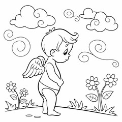 child playing with flowers, coloring page for children, outline, education, line, outline, art, sketch