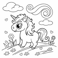 A unicorn with a flowing rainbow coloring page for children, outline, education, line, outline, art, sketch