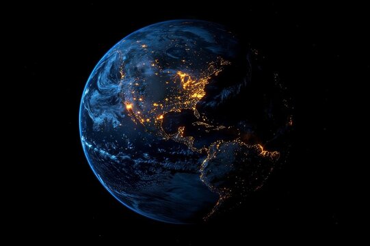 View of Earth from space at night, highlighting city lights and natural landscape