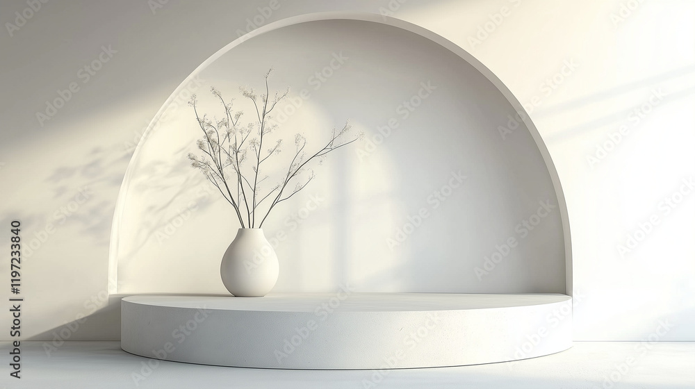Aufkleber Minimal 3D render of a white podium with an elegant arch in the background. Modern product display scene featuring a round stone platform, natural light from a window, and a clean white interior wall 