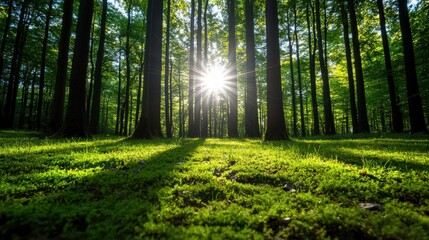 Fototapeta premium A forest with a sun shining through the trees
