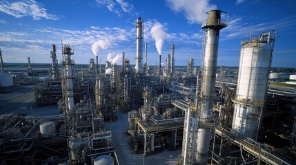 Close-up view of towering cracking units and reactor vessels, machinery weaving through in a massive petrochemical facility.