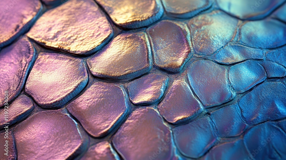 Poster close-up detail of colorful reptile skin texture with iridescent shimmering surface features capture