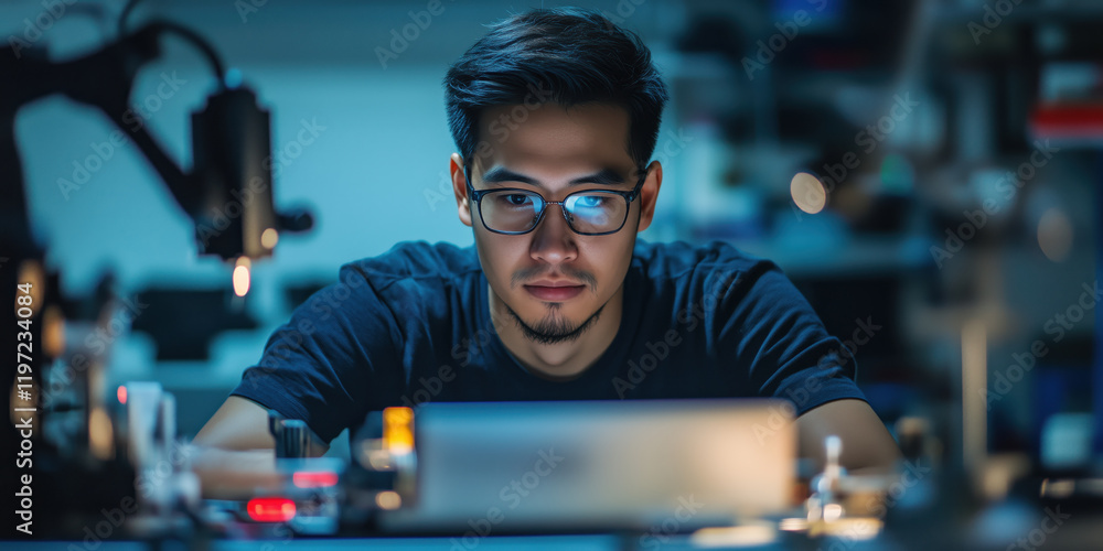 Poster focused technician working on electronics in dimly lit laboratory setting