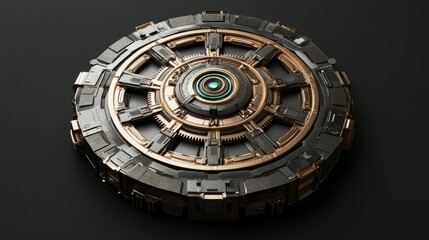 Circular futuristic object with metallic and light center.