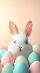 Fototapeta premium Hovering Easter eggs, fluffy white bunny in the foreground, soft peach background, open yellow space for promotional text.