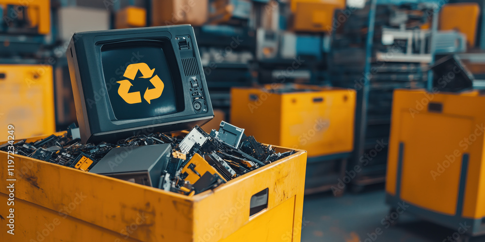 Poster old computer parts in e-waste recycling bin with monitor displaying recycle symbol