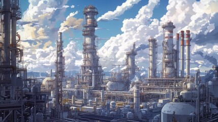 Fototapeta premium Towering cracking units and reactor vessels dominate the landscape in a petrochemical facility filled with machinery.