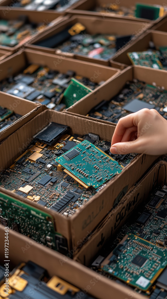 Poster close up of hand sorting computer circuit boards in e-waste cardboard boxes