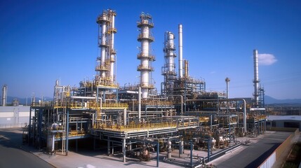 Petrochemical plant with towering cracking units and reactor vessels, surrounded by dense piping and industrial equipment.