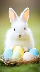 Obraz premium Hovering Easter eggs, fluffy white bunny in the foreground, soft peach background, open yellow space for promotional text.