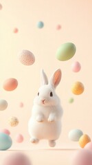 Hovering Easter eggs, fluffy white bunny in the foreground, soft peach background, open yellow space for promotional text.