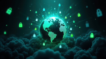 Fototapeta premium A digital illustration of a globe surrounded by green lock icons symbolizing global cyber security measures.