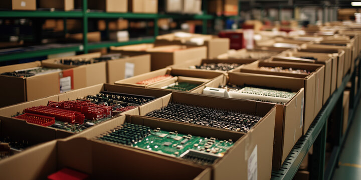 Boxes of computer parts neatly organized on shelves in E-waste warehouse