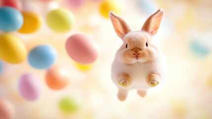 Obraz premium Hovering Easter eggs, fluffy white bunny in the foreground, soft peach background, open yellow space for promotional text.