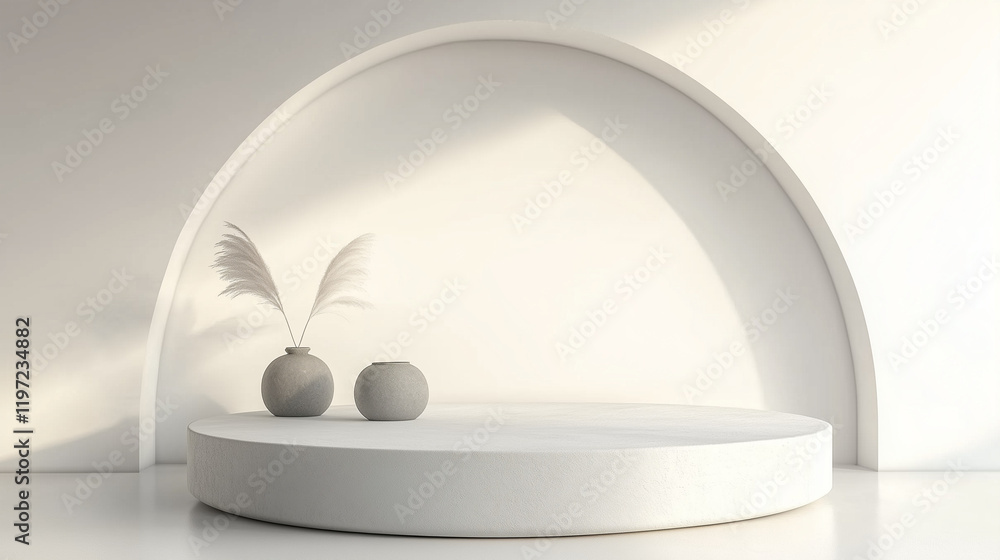 Poster Minimal 3D render of a white podium with an elegant arch in the background. Modern product display scene featuring a round stone platform, natural light from a window, and a clean white interior wall 