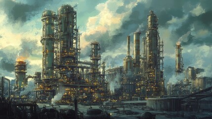 Fototapeta premium Towering cracking units and reactor vessels dominate the industrial landscape, surrounded by pipes and machinery.