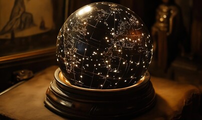 Glowing sphere shows map on a dark base.