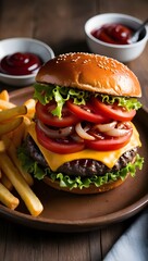 Delicious Gourmet Burger with Fresh Ingredients, Perfect for a Satisfying Meal