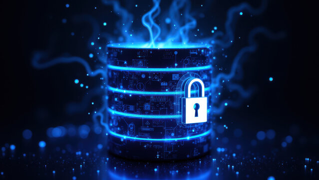 Internet security illustration with a digital lock on a data center.
