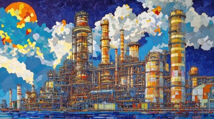 Fototapeta premium Petrochemical plant with towering cracking units and reactor vessels, machinery interwoven with intricate piping systems.