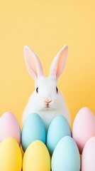 Fototapeta premium Hovering Easter eggs, fluffy white bunny in the foreground, soft peach background, open yellow space for promotional text.