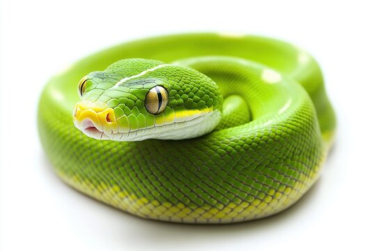 Colorful green snake coiled with bright scales observed on a clean white background