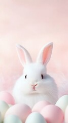 Obraz premium Hovering Easter eggs, fluffy white bunny in the foreground, soft peach background, open yellow space for promotional text.