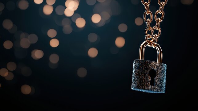 A highly detailed, brass padlock with an intricate keyhole design, hanging on a heavy chain, against a backdrop of blurred binary code.