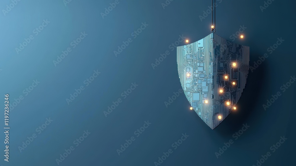 Poster a shield icon composed of interconnected circuit boards and digital components, symbolizing advanced